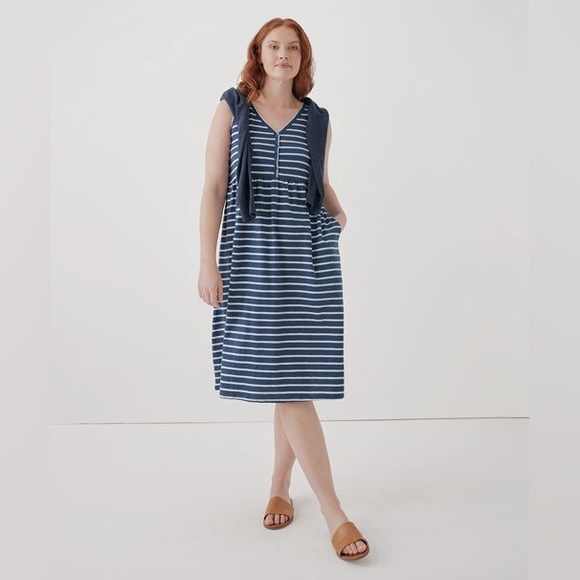 Pact Relaxed Slub Henley Tank Dress Medium Blue stripe organic Cotton coastal - Picture 2 of 15